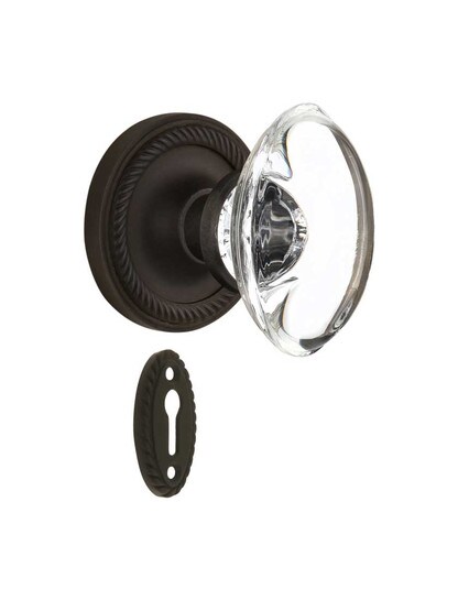 Rope Rosette Mortise-Lock Set with Oval Crystal Glass Knobs in Oil-Rubbed Bronze.